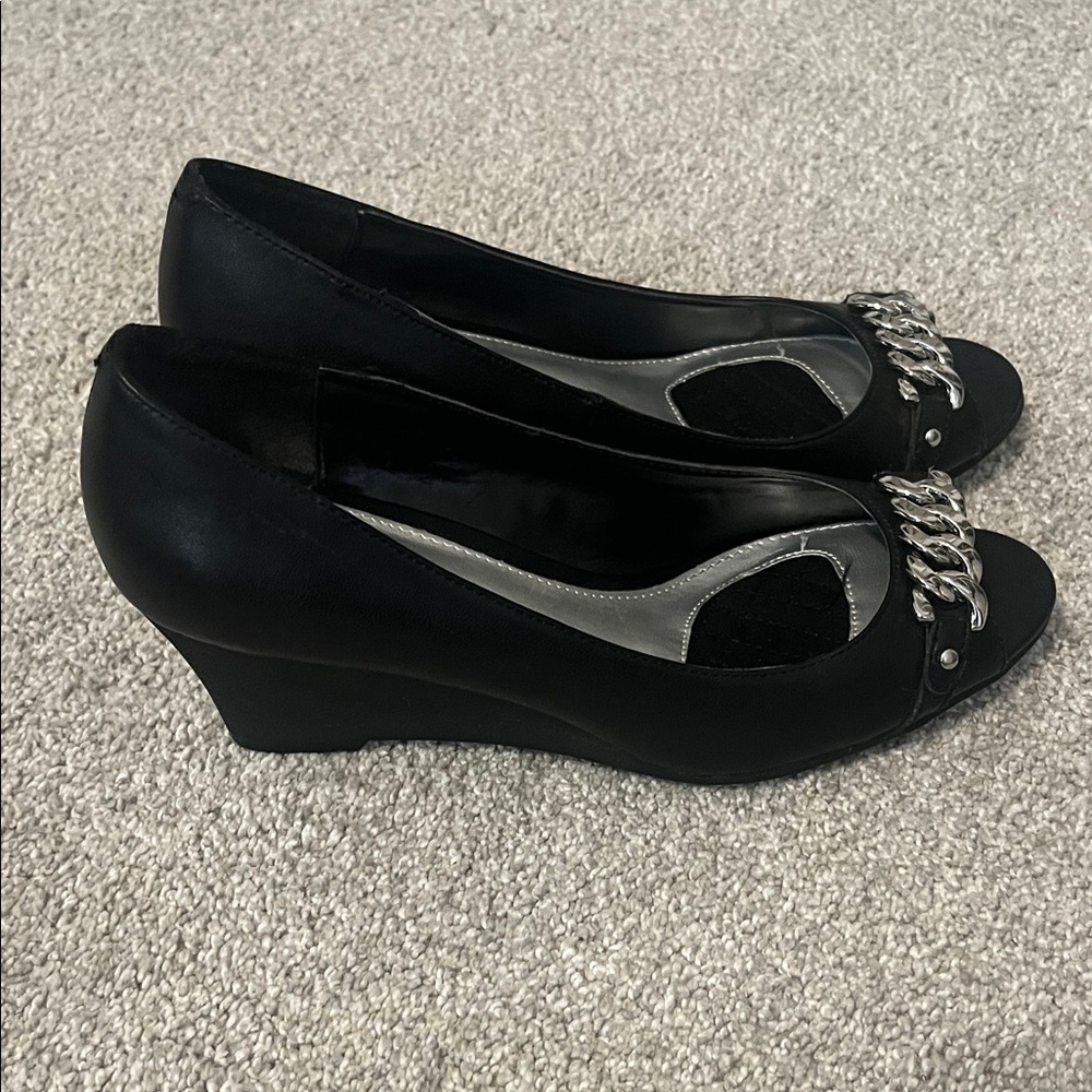 Chaps Black Peep Toe Heels with Silver Chain Detail